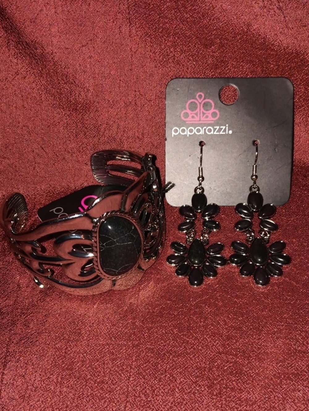Chunky SW Goth Black Stone Cuff Bracelet Set